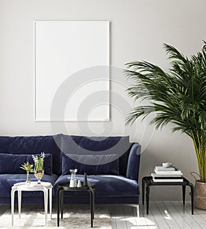 Mock up poster frame in modern interior background, living room, Scandinavian style, 3D render, 3D illustration