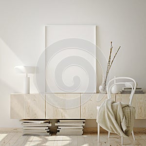 Mock up poster frame in modern interior background, living room, Scandinavian style, 3D render, 3D illustration