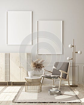 Mock up poster frame in modern interior background, living room, Scandinavian style, 3D render, 3D illustration