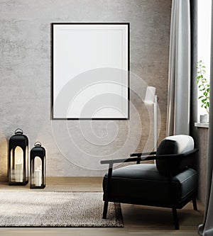 mock up poster frame in modern interior background, living room, Scandinavian style, 3D render, 3D illustration