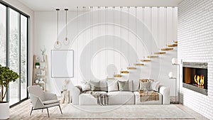 Mock up poster frame in modern interior background, living room, Scandinavian style, 3D rendering