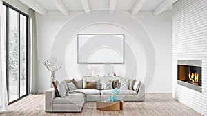 Mock up poster frame in modern interior background, living room, Scandinavian style, 3D rendering
