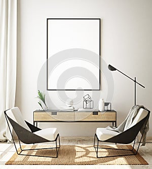 Mock up poster frame in modern interior background, living room, Scandinavian style, 3D render, 3D illustration photo