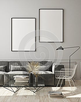 Mock up poster frame in modern monochrome interior background, living room, Scandinavian style, 3D render, 3D illustration