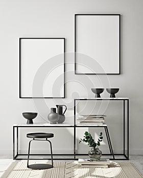 Mock up poster frame in modern interior background, living room, Scandinavian style, 3D render photo