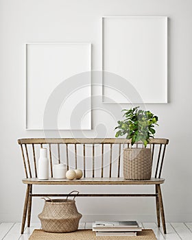 Mock up poster frame in modern interior background, living room, Scandinavian style, 3D render, 3D illustration