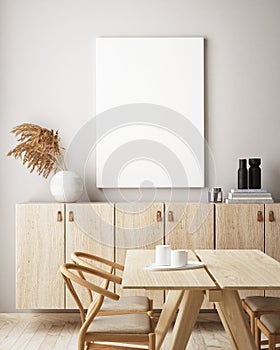 Mock up poster frame in modern interior background, living room, Scandinavian style, 3D render, 3D illustration