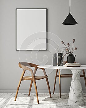 Mock up poster frame in modern interior background, living room, Scandinavian style, 3D render photo