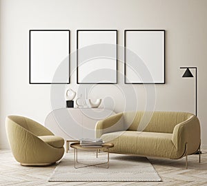 Mock up poster frame in modern interior background  living room  Scandinavian style  3D render  3D illustration