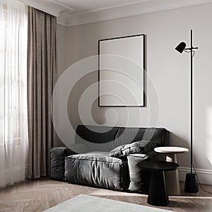 mock up poster frame in modern interior background, living room, Scandinavian style, 3D render, 3D illustration