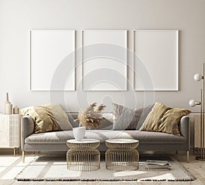 Imitar arriba póster marco en sala de estar escandinavo estilo  tridimensional ilustraciones  gráficos tridimensionales renderizados por computadora 