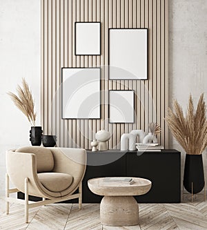 Mock up poster frame in modern interior background  living room  Scandinavian style  3D render  3D illustration photo