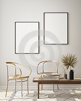 Mock up poster frame in modern interior background, livingroom, Scandinavian style, 3D render