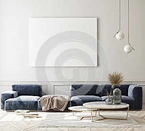 Mock up poster frame in modern interior background, livingroom, Scandinavian style, 3D render