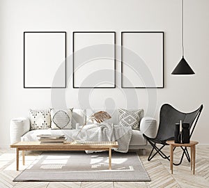 Mock up poster frame in modern interior background, livingroom, Scandinavian style, 3D render