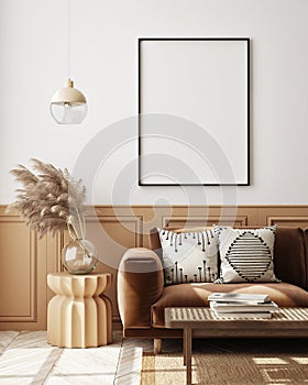 Mock up poster frame in modern interior background, livingroom, Scandinavian style, 3D render