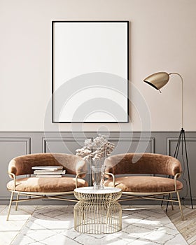 Mock up poster frame in modern interior background, livingroom, Scandinavian style, 3D render