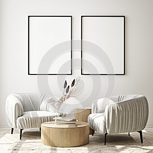 Mock up poster frame in modern interior background, livingroom, Scandinavian style, 3D render