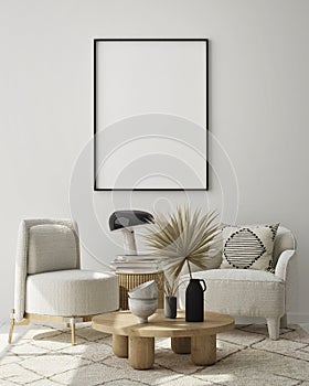 Mock up poster frame in modern interior background, livingroom, Scandinavian style, 3D render