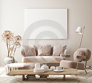 Mock up poster frame in modern interior background, livingroom, Scandinavian style, 3D render