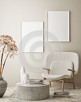 Mock up poster frame in modern interior background, livingroom, Scandinavian style, 3D render