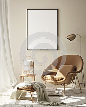 Mock up poster frame in modern interior background, livingroom, Scandinavian style, 3D render