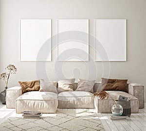 Mock up poster frame in modern interior background, livingroom, Scandinavian style, 3D render