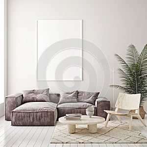 Mock up poster frame in modern interior background, livingroom, Scandinavian style, 3D render