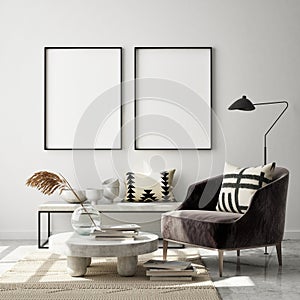 Mock up poster frame in modern interior background, livingroom, Scandinavian style, 3D render