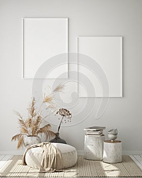 Mock up poster frame in modern interior background, livingroom, Scandinavian style, 3D render