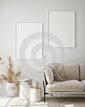 Mock up poster frame in modern interior background, livingroom, Scandinavian style, 3D render