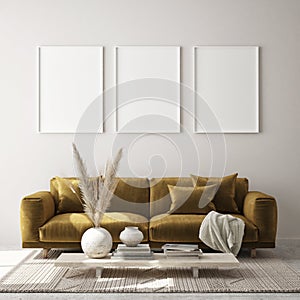 Mock up poster frame in modern interior background, livingroom, Scandinavian style, 3D render