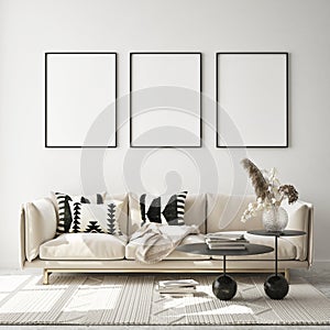 Mock up poster frame in modern interior background, livingroom, Scandinavian style, 3D render