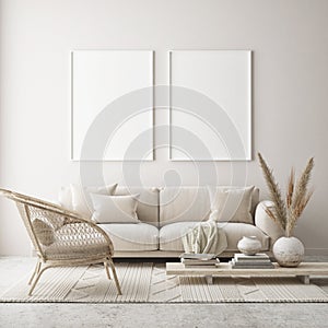 Mock up poster frame in modern interior background, livingroom, Scandinavian style, 3D render