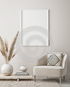 Mock up poster frame in modern interior background, livingroom, Scandinavian style, 3D render