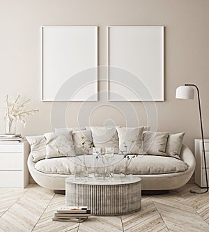 Mock up poster frame in modern interior background, livingroom, Scandinavian style, 3D render