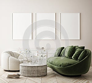 Mock up poster frame in modern interior background, livingroom, Scandinavian style, 3D render