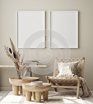 Mock up poster frame in modern interior background, livingroom, Scandinavian style, 3D render