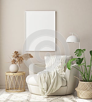 Mock up poster frame in modern interior background, livingroom, Scandinavian style, 3D render