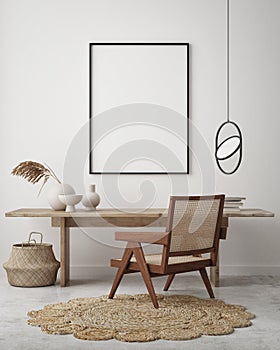 Mock up poster frame in modern interior background, livingroom, Scandinavian style, 3D render