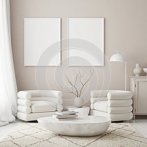 Mock up poster frame in modern interior background, livingroom, Scandinavian style, 3D render