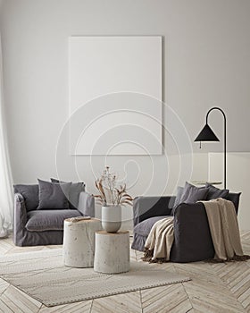 Mock up poster frame in modern interior background, livingroom, Scandinavian style, 3D render