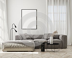 Mock up poster frame in modern interior background, livingroom, Scandinavian style, 3D render