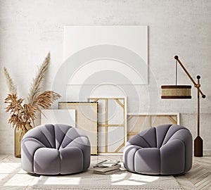 Mock up poster frame in modern interior background, livingroom, Scandinavian style, 3D render