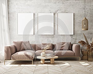 Mock up poster frame in modern interior background, livingroom, Scandinavian style, 3D render