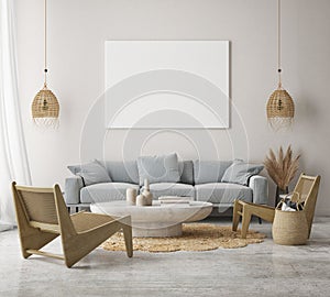 Mock up poster frame in modern interior background, livingroom, Scandinavian style, 3D render