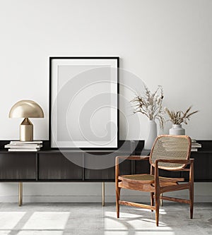 Mock up poster frame in modern interior background, livingroom, Scandinavian style, 3D render