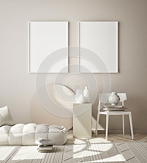 Mock up poster frame in modern interior background, livingroom, Scandinavian style, 3D render