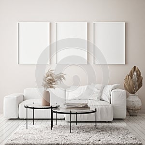 Mock up poster frame in modern interior background, livingroom, Scandinavian style, 3D render