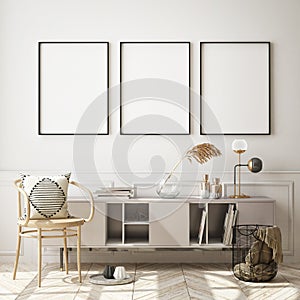 Mock up poster frame in modern interior background, livingroom, Scandinavian style, 3D render